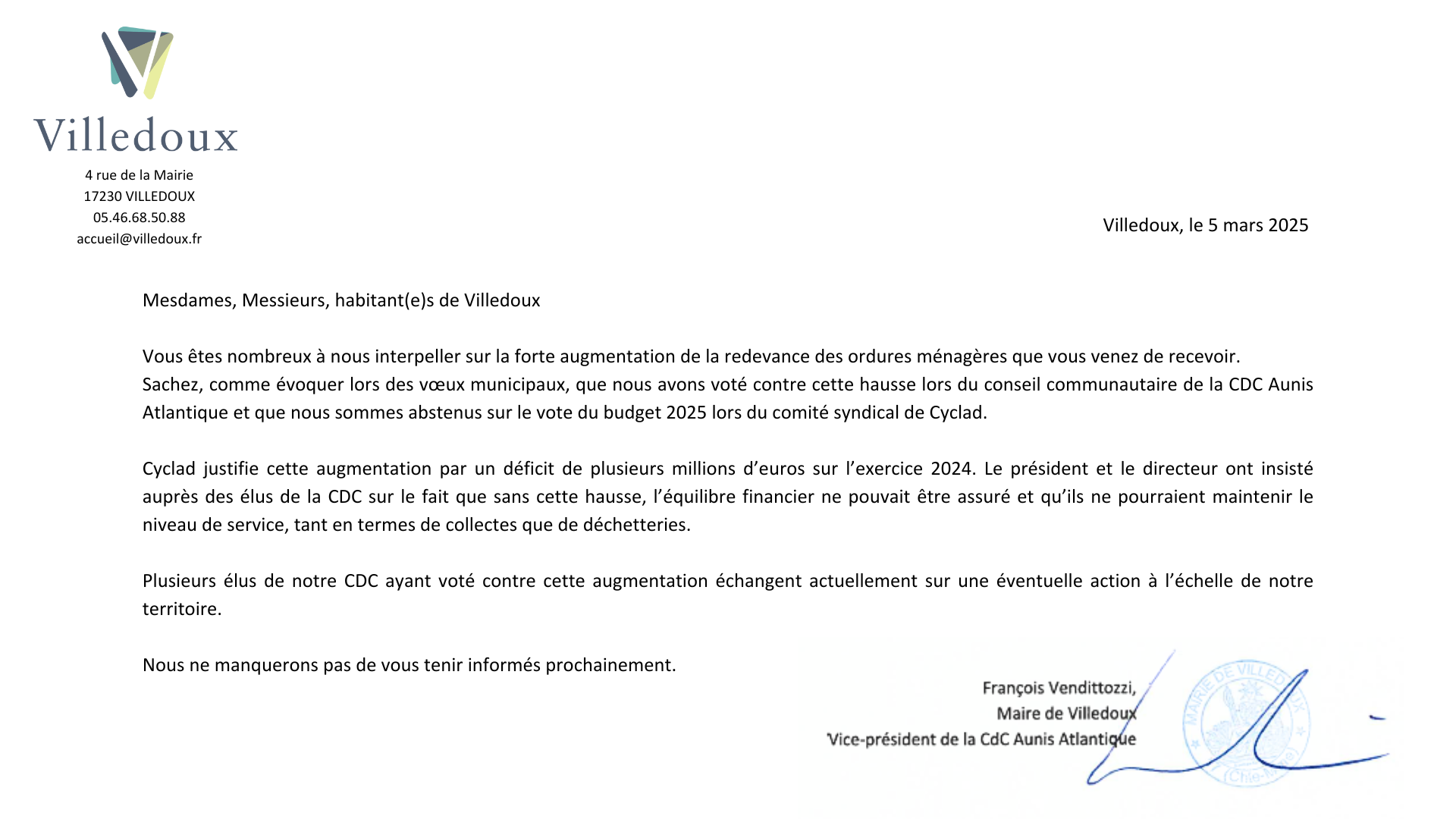 Courrier d'information du Maire